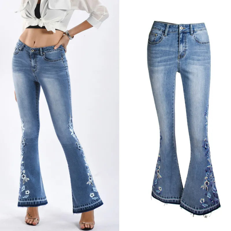 LOGAMI flower Embroidery skinny jeans woman vintage flare denim pants womens jeans