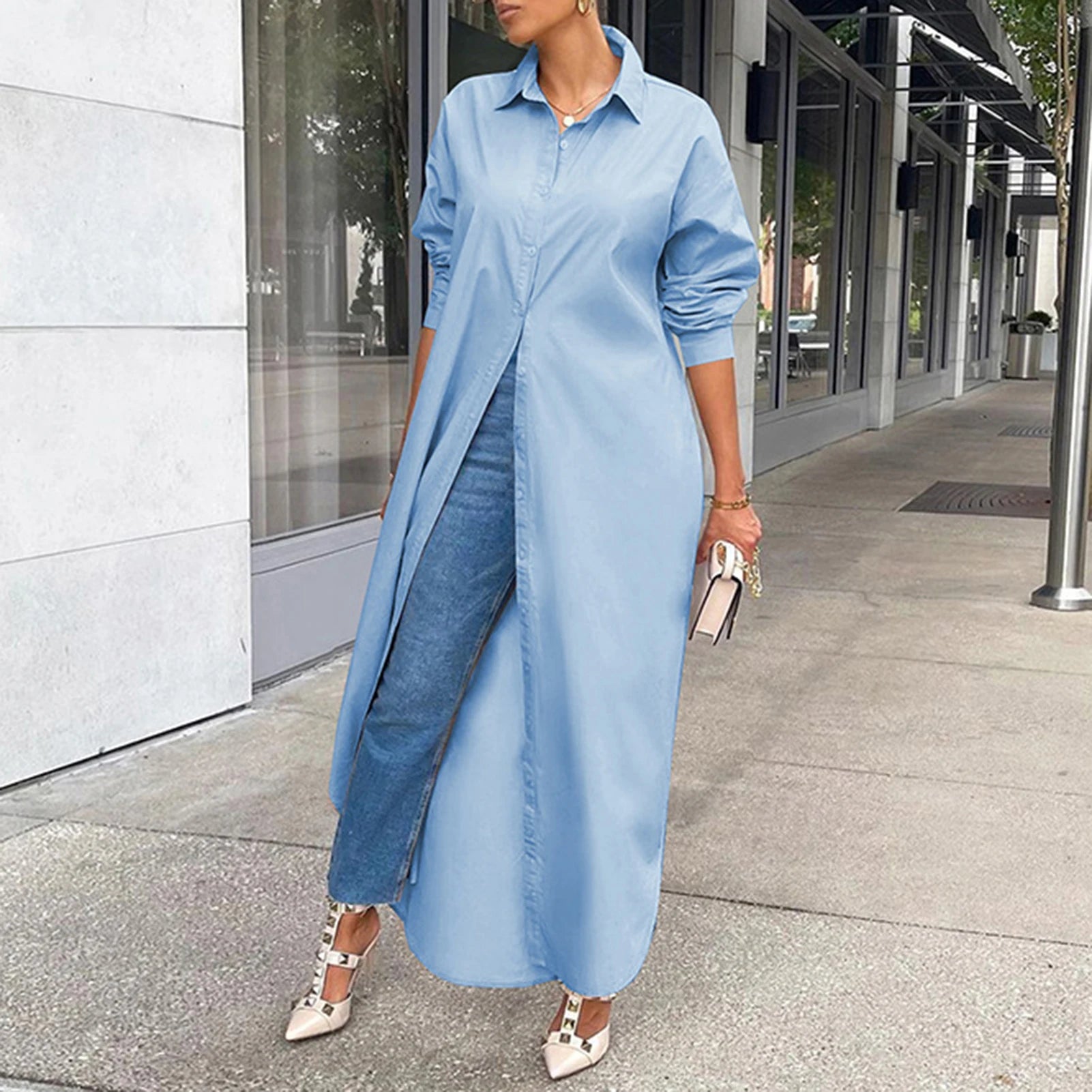 Women Shirt Windproof Shirt Dress Versatile Arc Hem  Stylish Autumn Winter Solid Color Shirt Long Dress