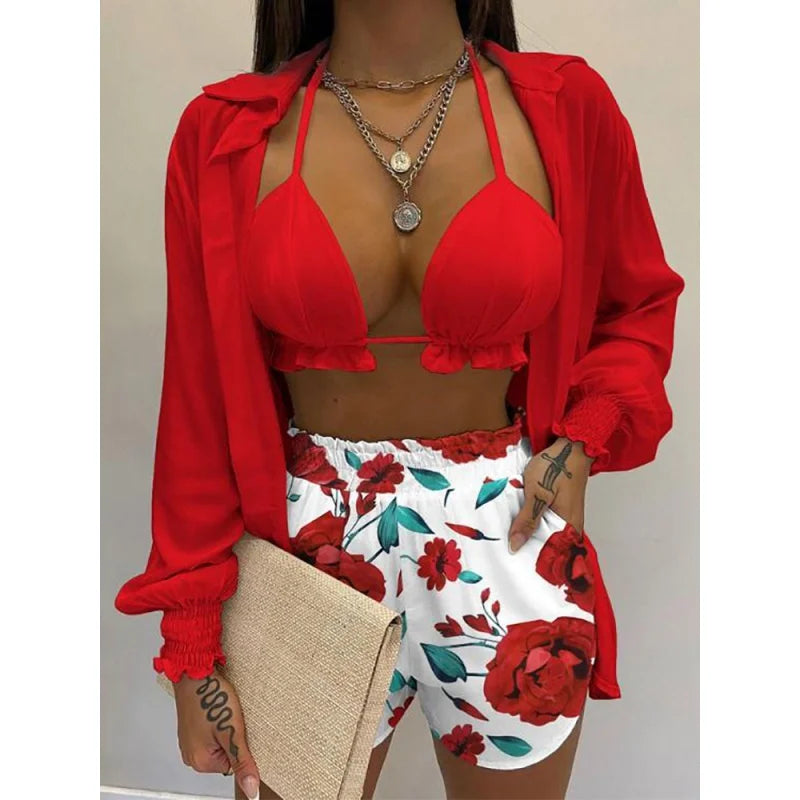 2022 New Red Print High Waist Bikini Sets Swimsuit Women Sexy Lace Up Three Pieces Swimwear Beachwear For Bathing Suit