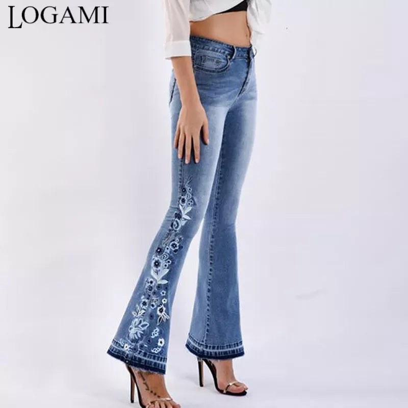 LOGAMI flower Embroidery skinny jeans woman vintage flare denim pants womens jeans