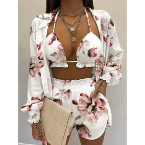 2022 New Red Print High Waist Bikini Sets Swimsuit Women Sexy Lace Up Three Pieces Swimwear Beachwear For Bathing Suit