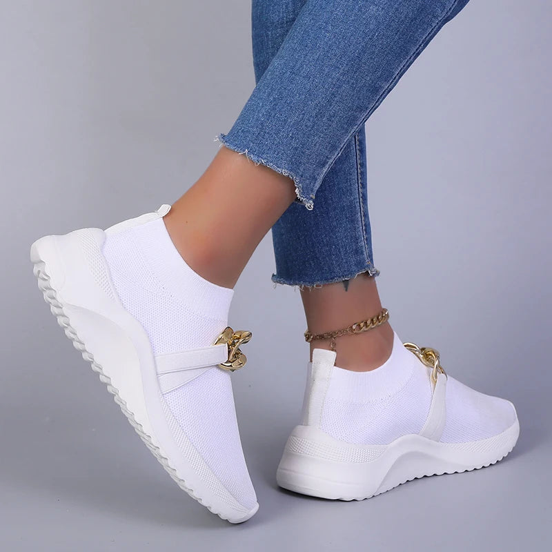 Breathable Knitting Flats Shoes for Women 2022 Autumn Fashion Chain Sports Shoes Woman Platform Slip on Socks Sneakers Plus Size