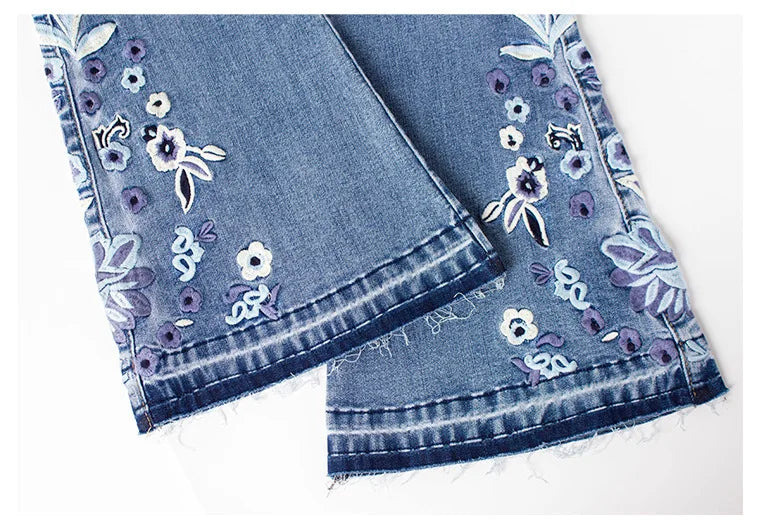 LOGAMI flower Embroidery skinny jeans woman vintage flare denim pants womens jeans