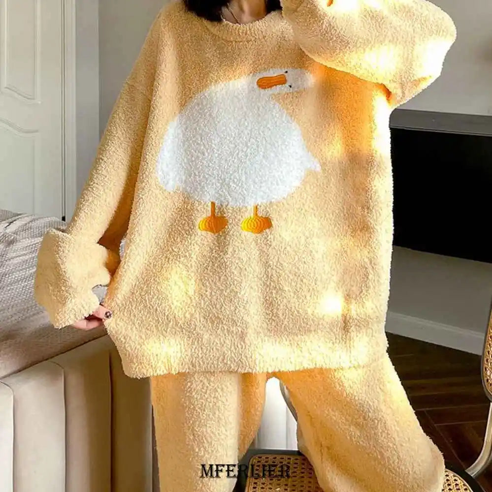 Plus Size 6XL 150kg Autumn Winter Warm Flannel Pajamas for Women Sweet Velvet Thicken Loose Sleepwear Set Coral Home Clothes