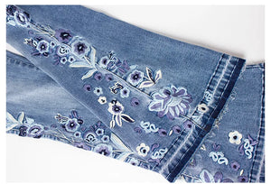 LOGAMI flower Embroidery skinny jeans woman vintage flare denim pants womens jeans