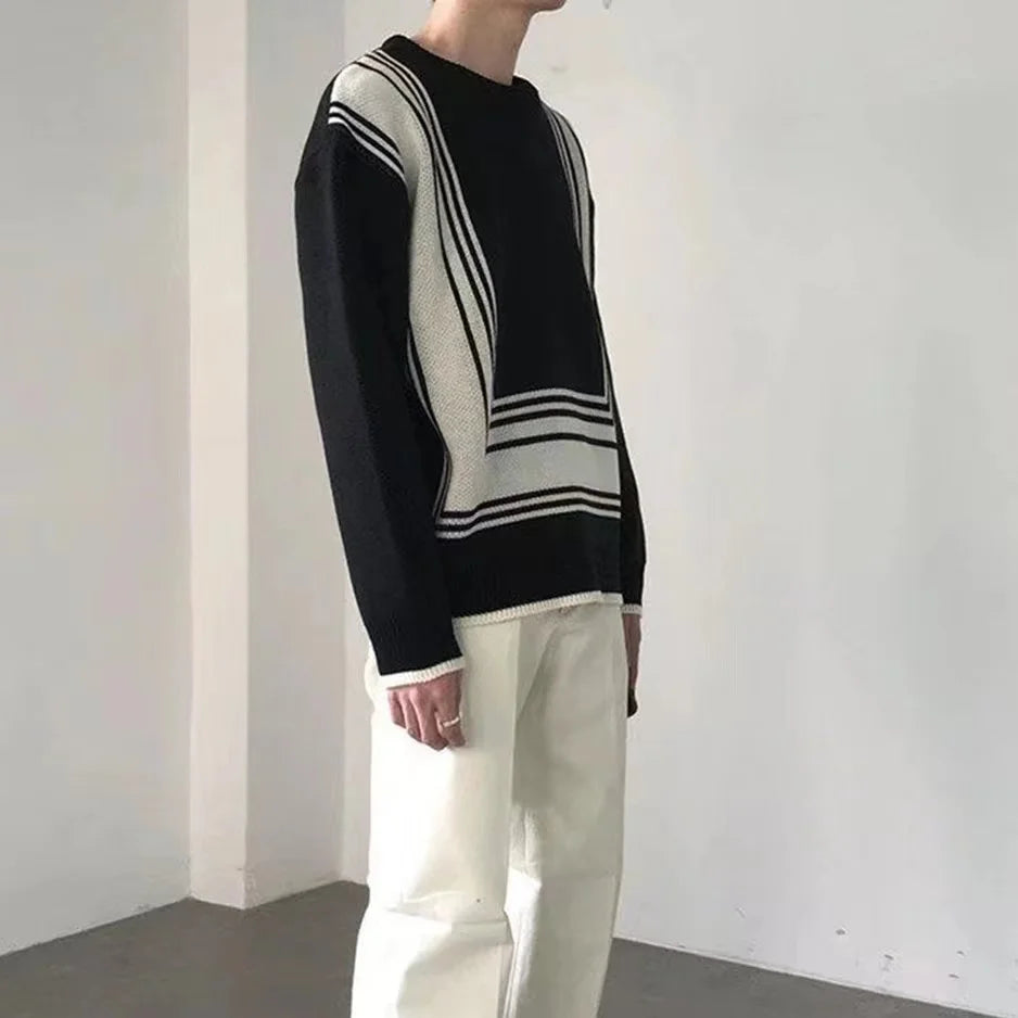 And Winter Autumn Black White Color Matching Geometric Clothes Pullover Round Neck Long Sleeve All-Match Youth Sweater y2k