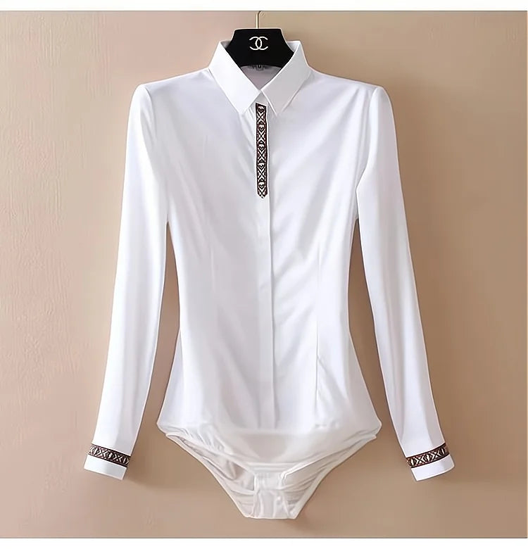 Elegant Chiffon Bodysuits Slim Suit Women Office Lady Work Body Shirts  Long Sleeve Spliced Cuffs Blouses Women's Formal Tops