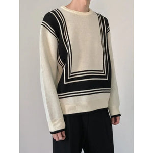 And Winter Autumn Black White Color Matching Geometric Clothes Pullover Round Neck Long Sleeve All-Match Youth Sweater y2k