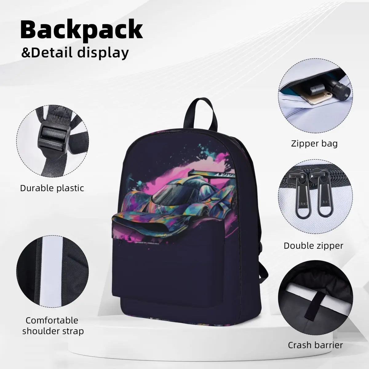 Dazzling Sports Car Backpack Psychadelic Grafitti Travel Backpacks Men Custom Soft School Bags Funny Rucksack