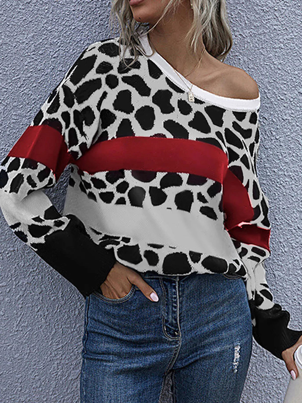 Leopard Color Block Pullover Sweatshirt 2023 Autumn Elegant Vintage Fashion New Women Long Sleeved Lazy Style Loose Streetwear