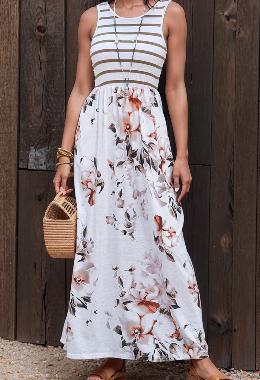 Fashion Stripes Sleeveless Dress Women's 2024 Summer New Arrival Floral A- line Skirt Loose Slimming and All-Matching Long Skirt Women