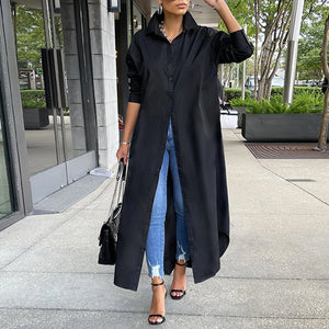 Women Shirt Windproof Shirt Dress Versatile Arc Hem  Stylish Autumn Winter Solid Color Shirt Long Dress