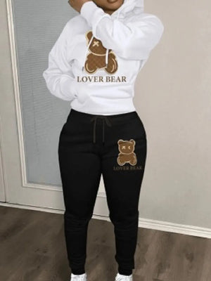 LW Two Piece Set Cartoon Letter Print Tracksuit Set Long Sleeve Drawstring Pullover Hoodies Top Sweat Pants Jogger Suits