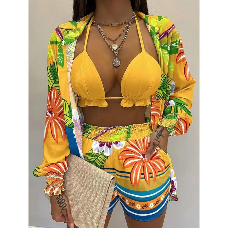 2022 New Red Print High Waist Bikini Sets Swimsuit Women Sexy Lace Up Three Pieces Swimwear Beachwear For Bathing Suit