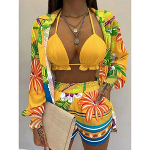 2022 New Red Print High Waist Bikini Sets Swimsuit Women Sexy Lace Up Three Pieces Swimwear Beachwear For Bathing Suit