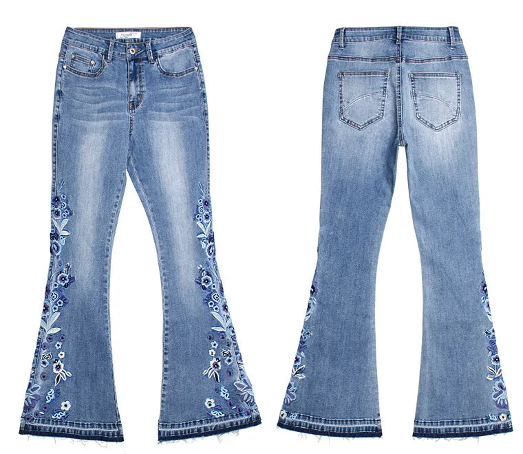 LOGAMI flower Embroidery skinny jeans woman vintage flare denim pants womens jeans