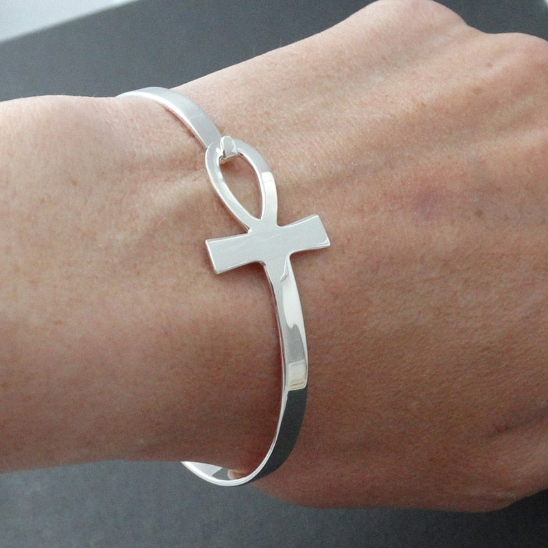 Vnox Ankh Cross Bracelet for Women Stainless Steel Key of Life Bangle Bracelet Female Egypt Religious Jewelry 2.3&quot; Diameter