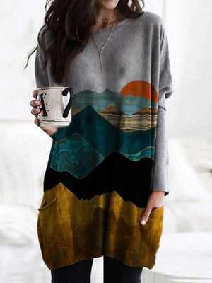 Women&#39;s Mountain Treetop Print Long Sleeve T-shirt Women Fashion SWEATShirts &amp; Tops  Casual Round Neck Loose Cotton Pullover