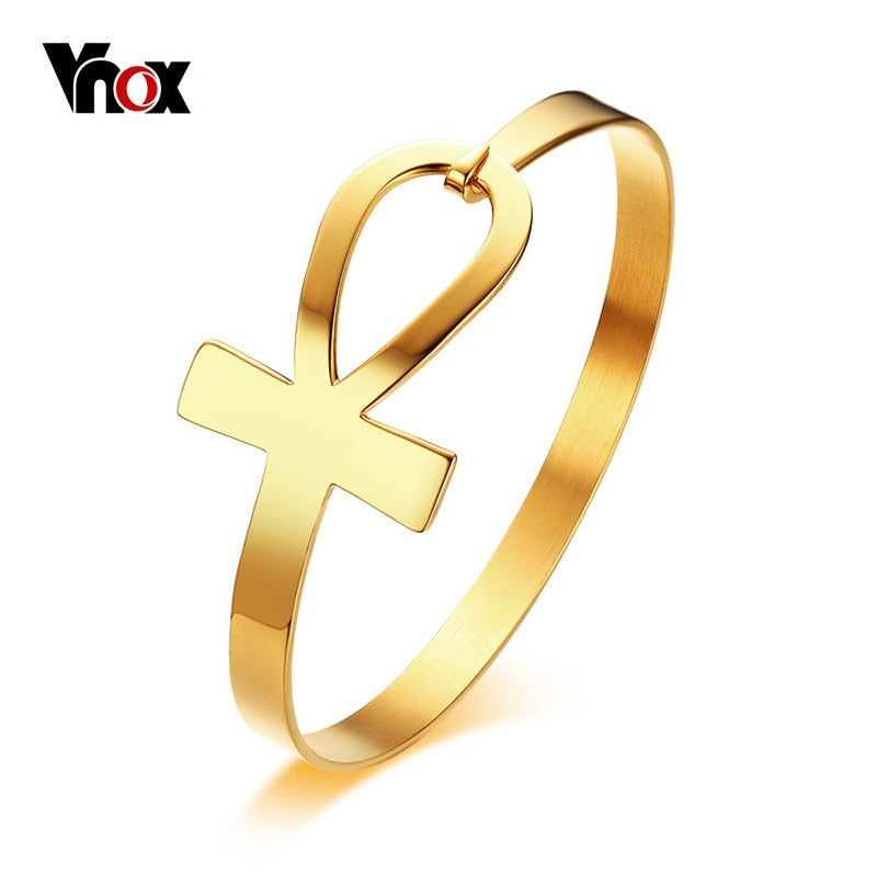 Vnox Ankh Cross Bracelet for Women Stainless Steel Key of Life Bangle Bracelet Female Egypt Religious Jewelry 2.3&quot; Diameter