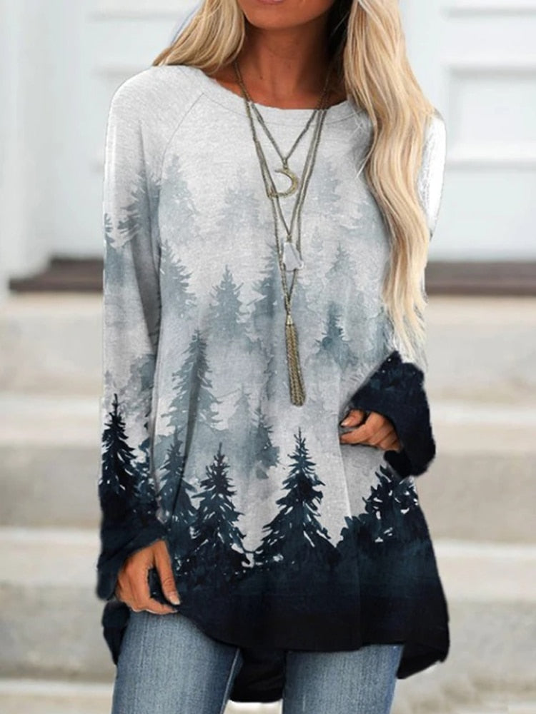 Women&#39;s Mountain Treetop Print Long Sleeve T-shirt Women Fashion SWEATShirts &amp; Tops  Casual Round Neck Loose Cotton Pullover