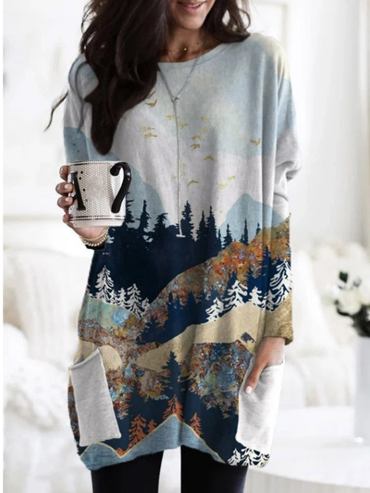 Women&#39;s Mountain Treetop Print Long Sleeve T-shirt Women Fashion SWEATShirts &amp; Tops  Casual Round Neck Loose Cotton Pullover