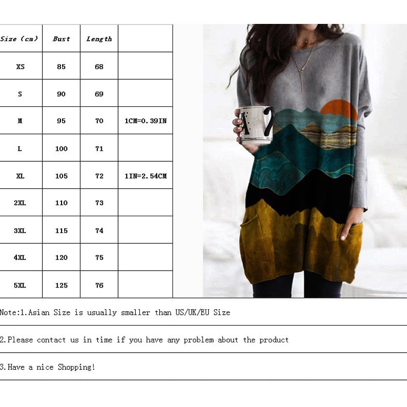 Women&#39;s Mountain Treetop Print Long Sleeve T-shirt Women Fashion SWEATShirts &amp; Tops  Casual Round Neck Loose Cotton Pullover